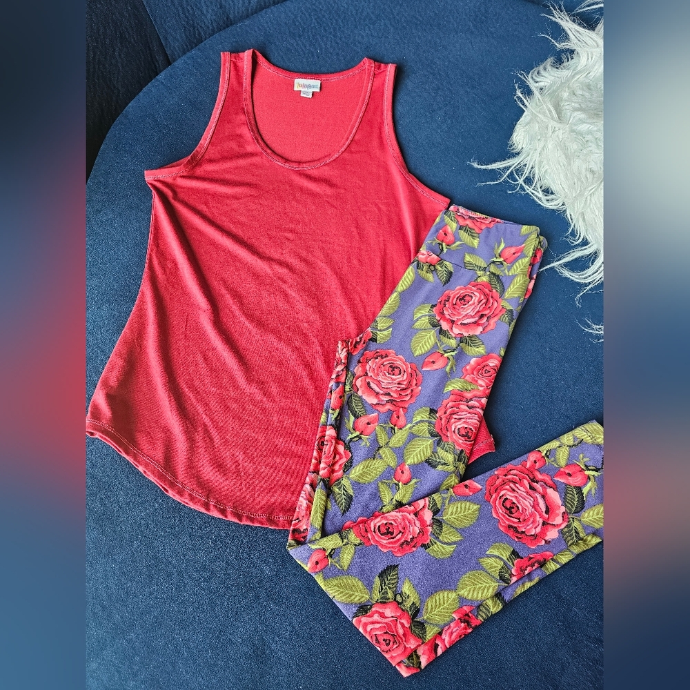 LuLaRoe Red Tank Top and Floral Leggings Set OS